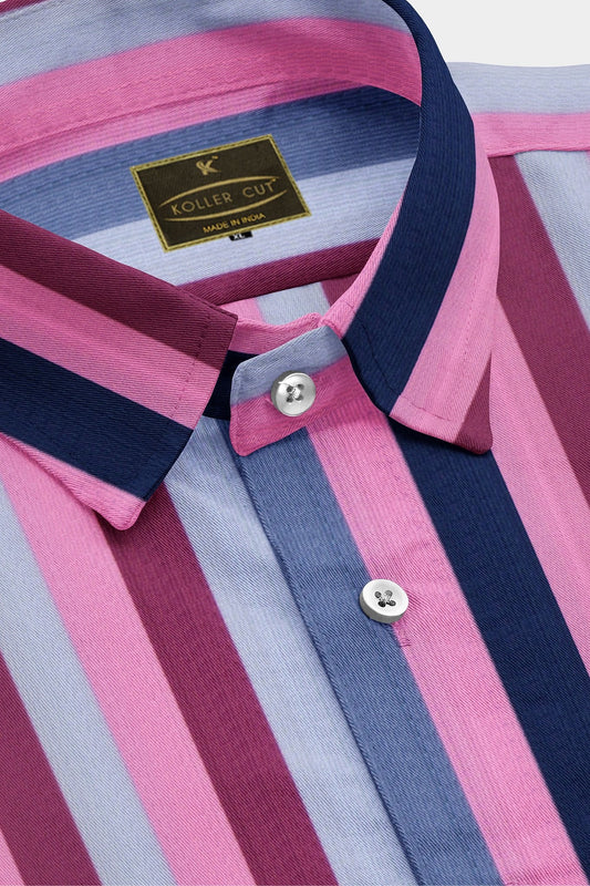 Rose Pink and Grey Rainbow stripes Men's Cotton Shirt