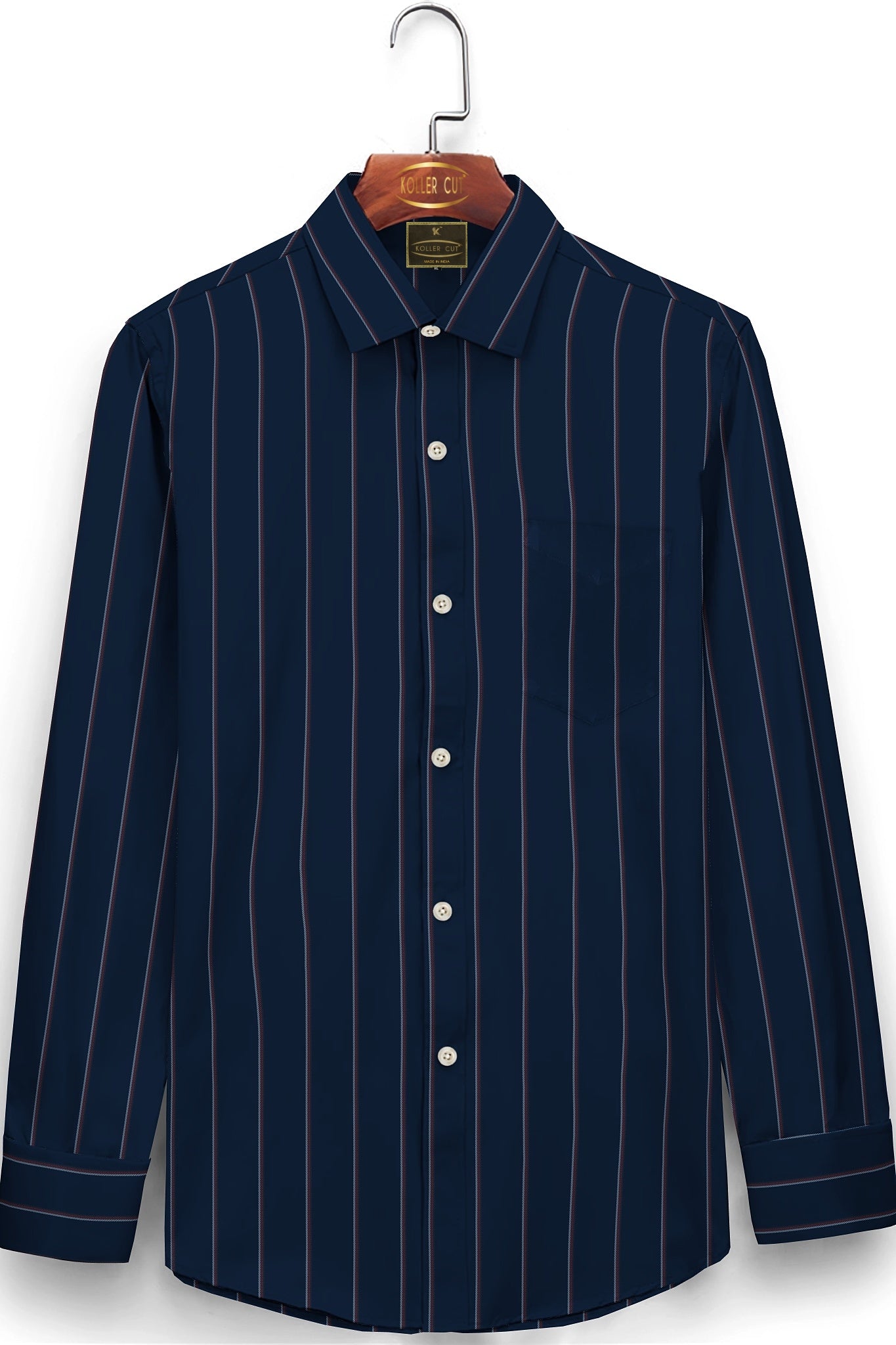 Denim Blue with Rust Red, Black and White Stripes Men's Cotton Shirt