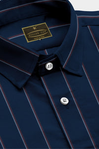 Denim Blue with Rust Red, Black and White Stripes Men's Cotton Shirt