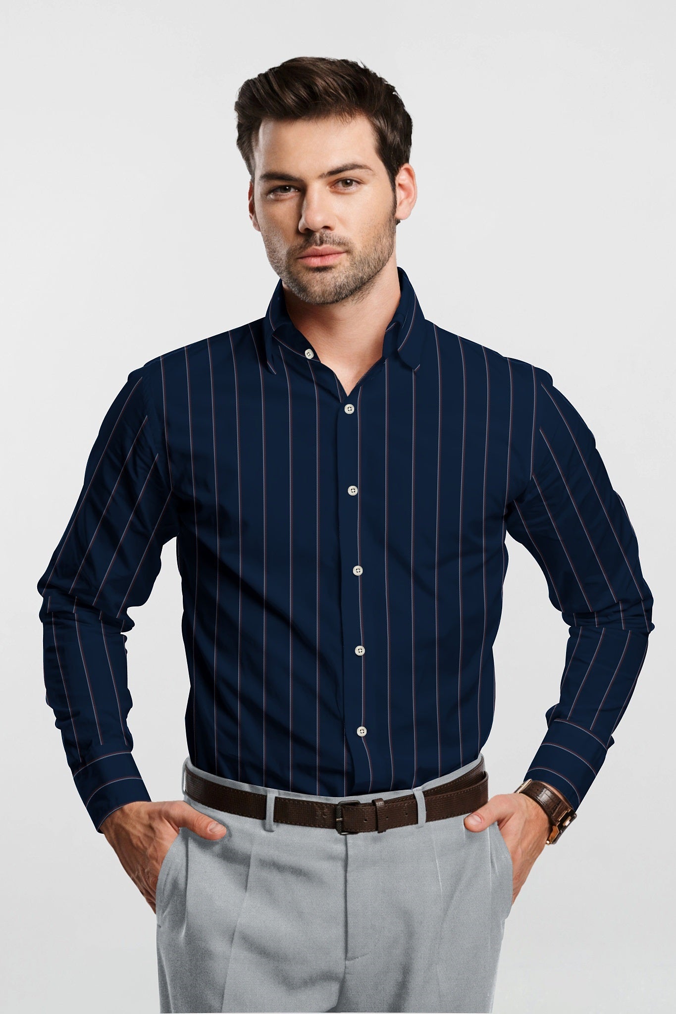 Denim Blue with Rust Red, Black and White Stripes Men's Cotton Shirt