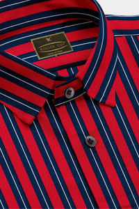 Cherry Red with Navy and White Stripe Men's Cotton Shirt