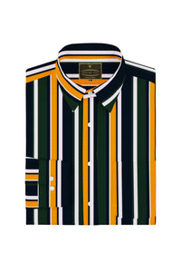 Pine Green with Fire Yellow and Navy Multicolored Multistripe Men's Cotton Shirt