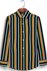 Pine Green with Fire Yellow and Navy Multicolored Multistripe Men's Cotton Shirt