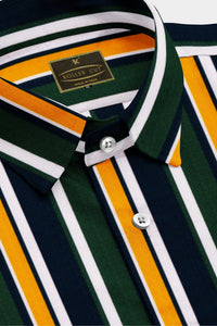Pine Green with Fire Yellow and Navy Multicolored Multistripe Men's Cotton Shirt