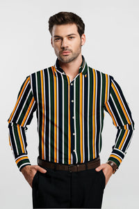 Pine Green with Fire Yellow and Navy Multicolored Multistripe Men's Cotton Shirt