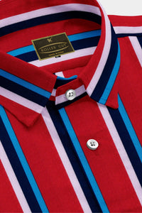 Crimson Red with White, Navy and Sapphire Blue Wide Stripes Men's Cotton Shirt