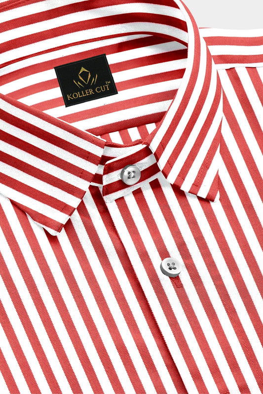 White and Crimson Red Candy Stripes Cotton Shirt