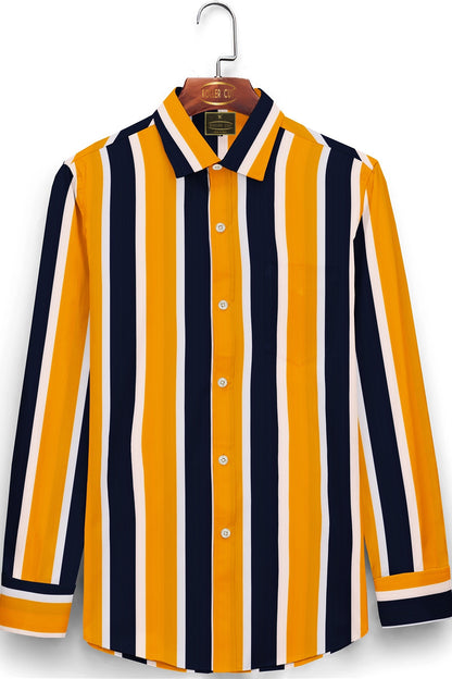Amber yellow with White and Navy Blue Wide Stripes Men's Cotton Shirt - Linen Shirt in Hyderabad India