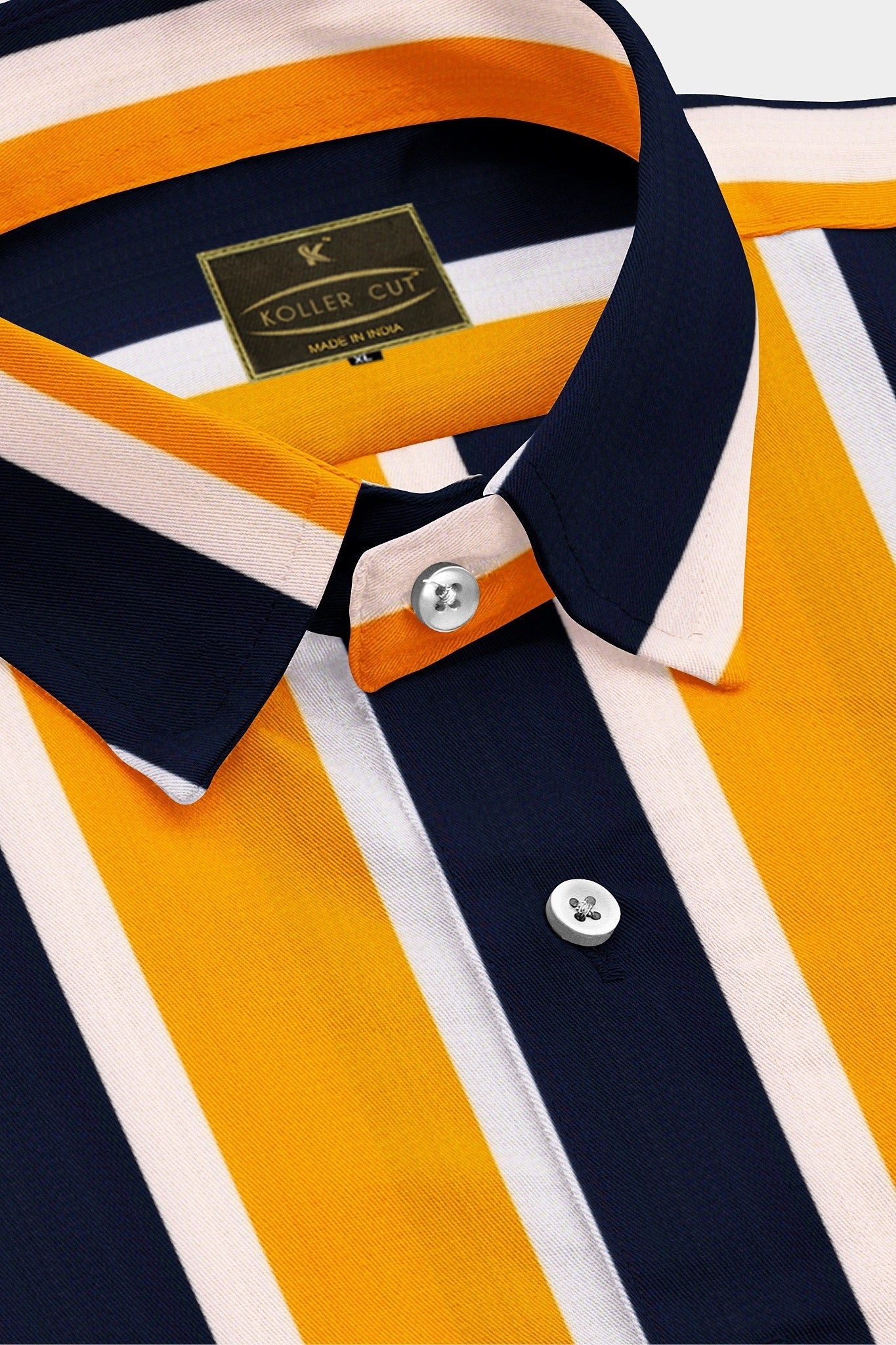 Amber yellow with White and Navy Blue Wide Stripes Men's Cotton Shirt - Linen Shirt in Hyderabad India