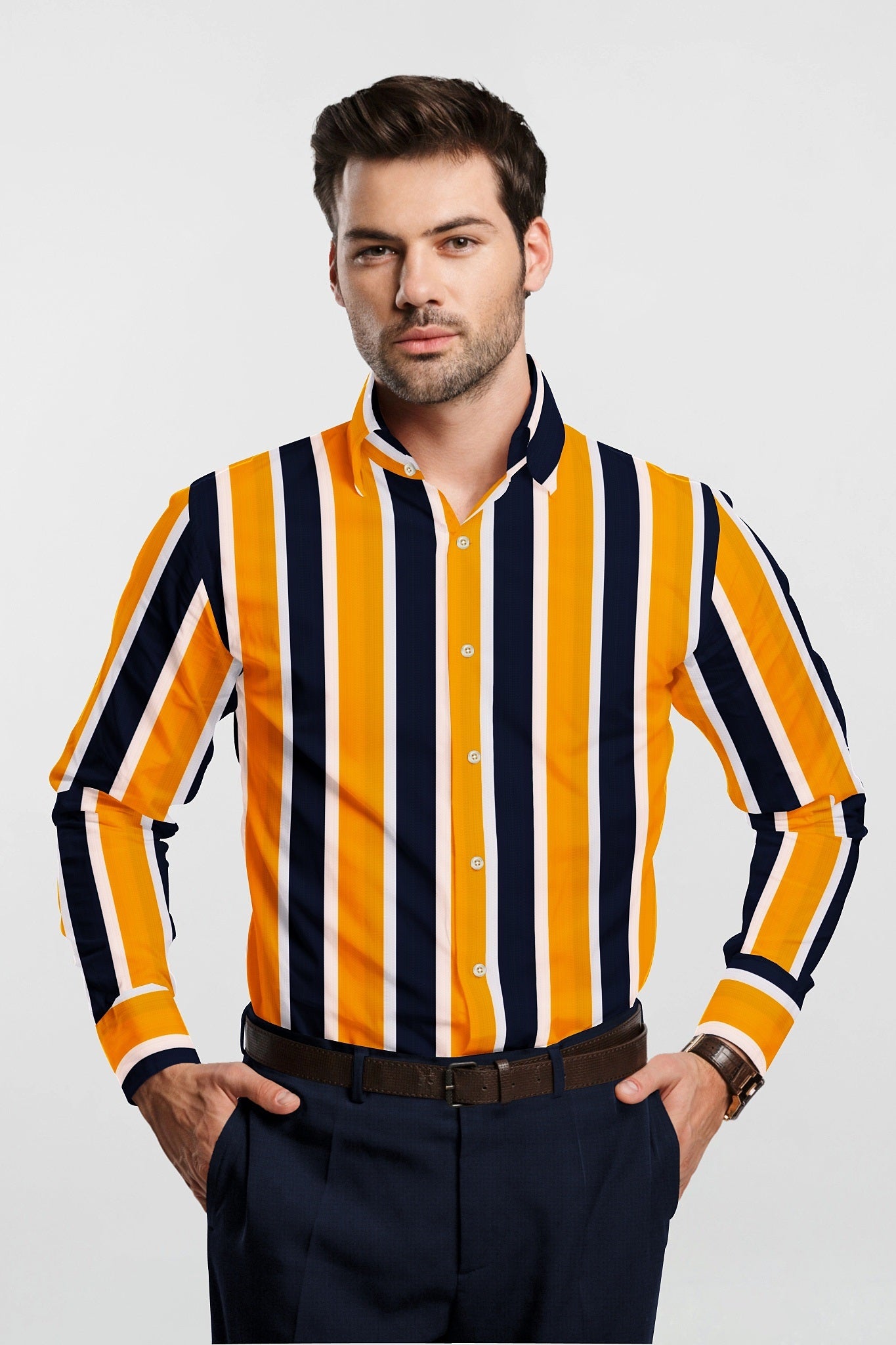 Amber yellow with White and Navy Blue Wide Stripes Men's Cotton Shirt - Linen Shirt in Hyderabad India