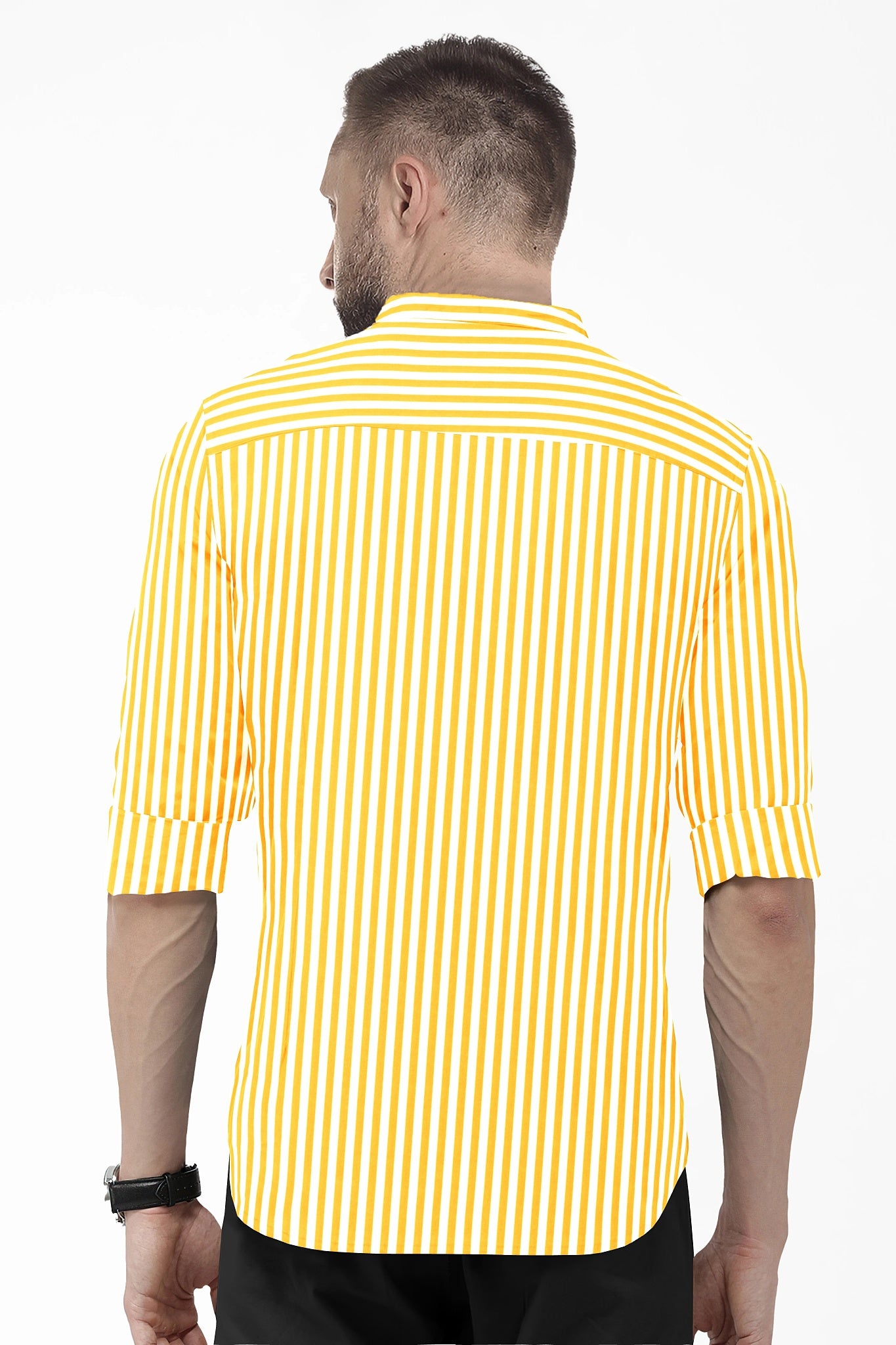 Lemon Yellow and White Candy Stripes Mandarin Collar Cotton Shirt