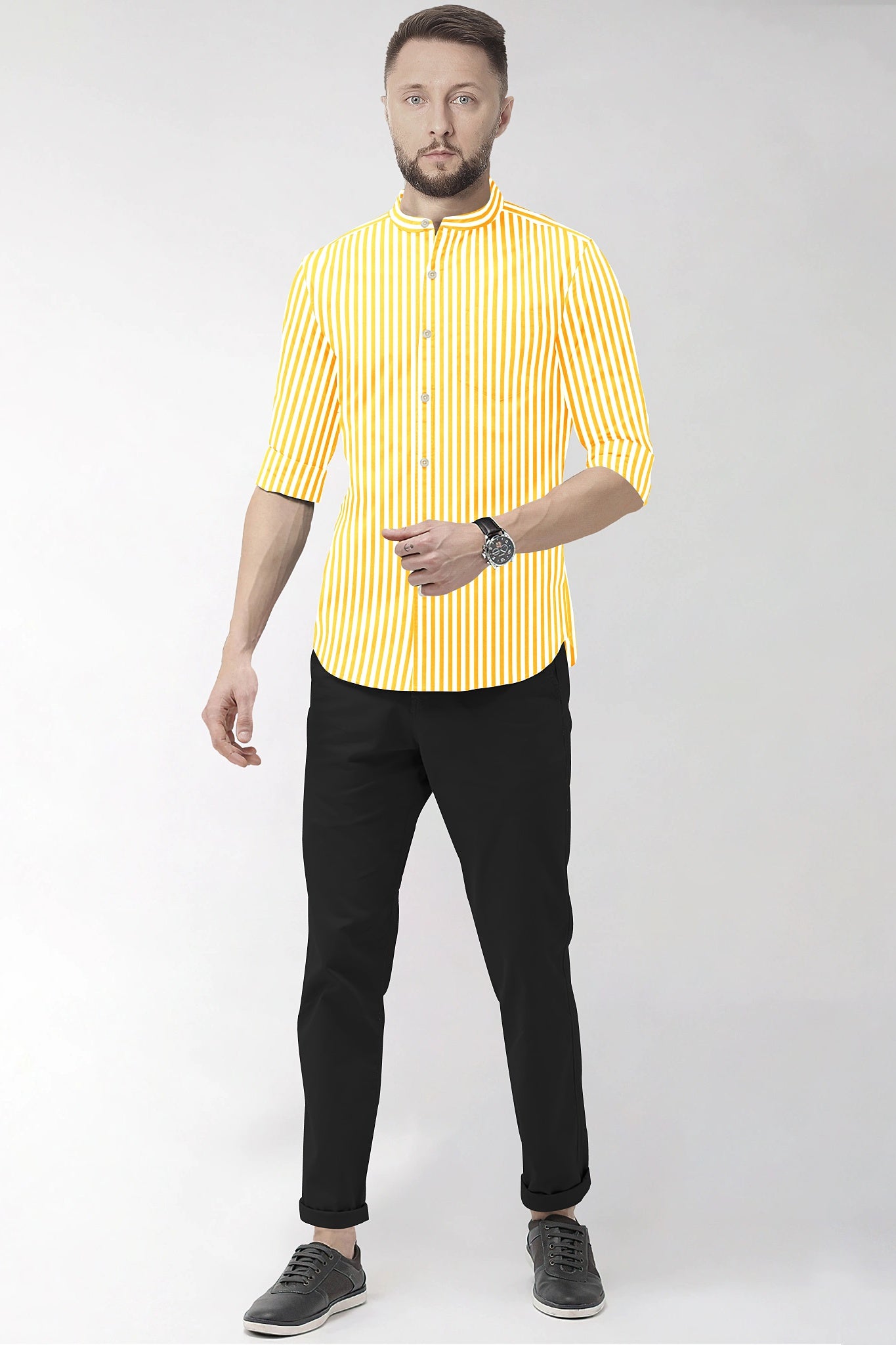 Lemon Yellow and White Candy Stripes Mandarin Collar Cotton Shirt