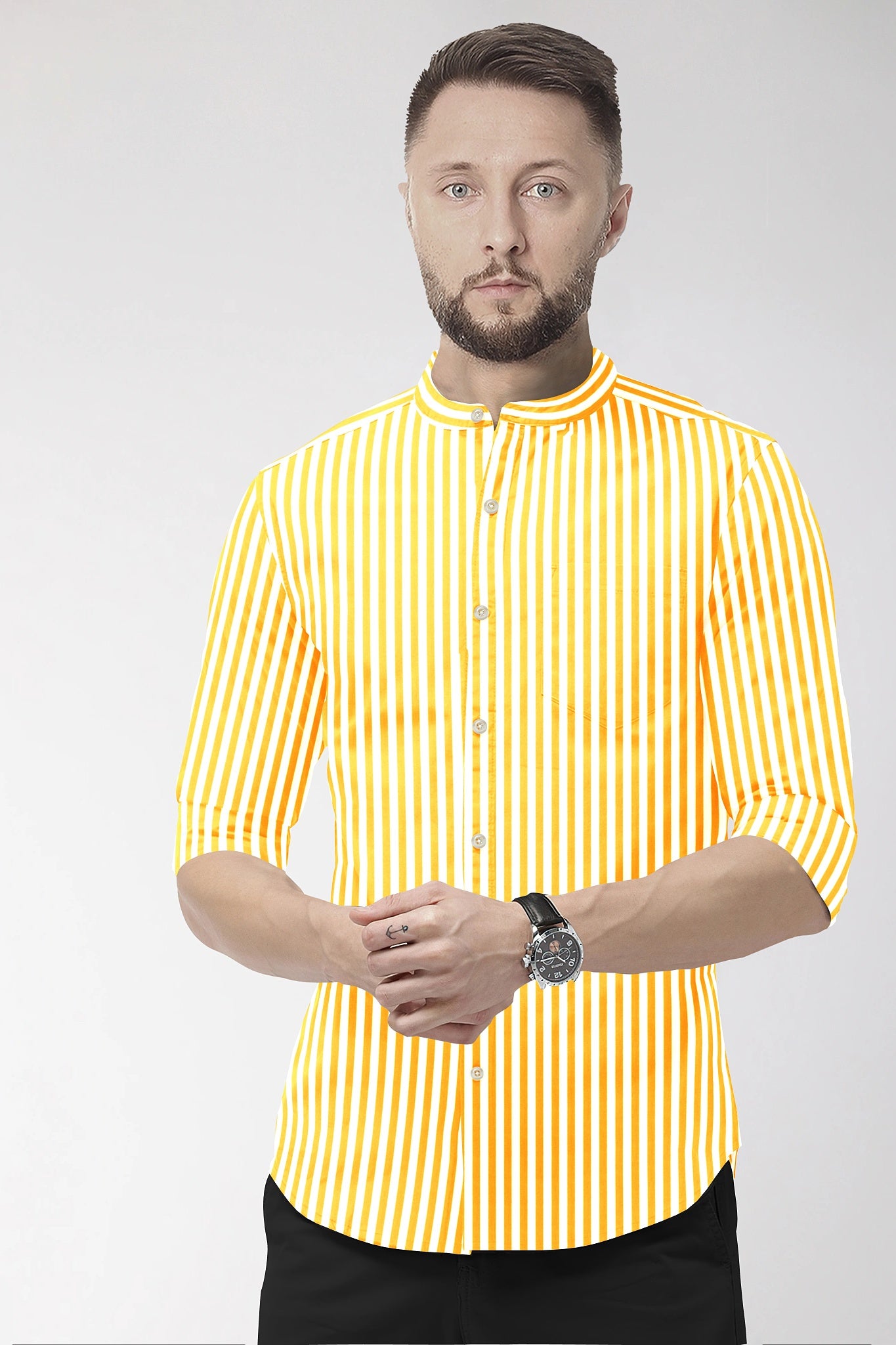 Lemon Yellow and White Candy Stripes Mandarin Collar Cotton Shirt