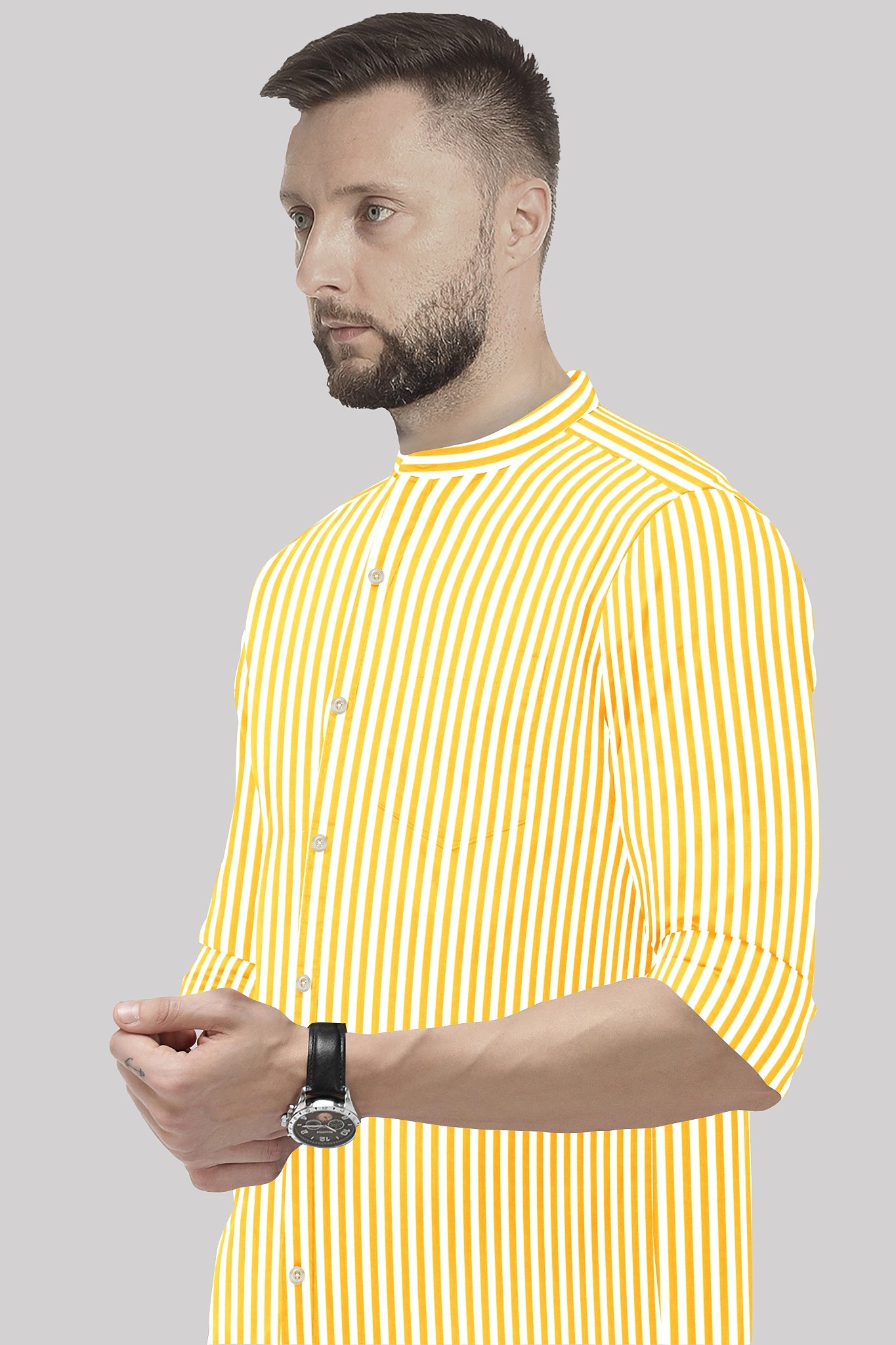 Lemon Yellow and White Candy Stripes Mandarin Collar Cotton Shirt