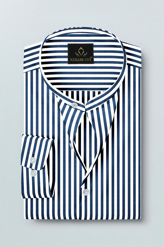 White and Victoria Blue Candy Stripes Mandarin Collar Cotton Shirt