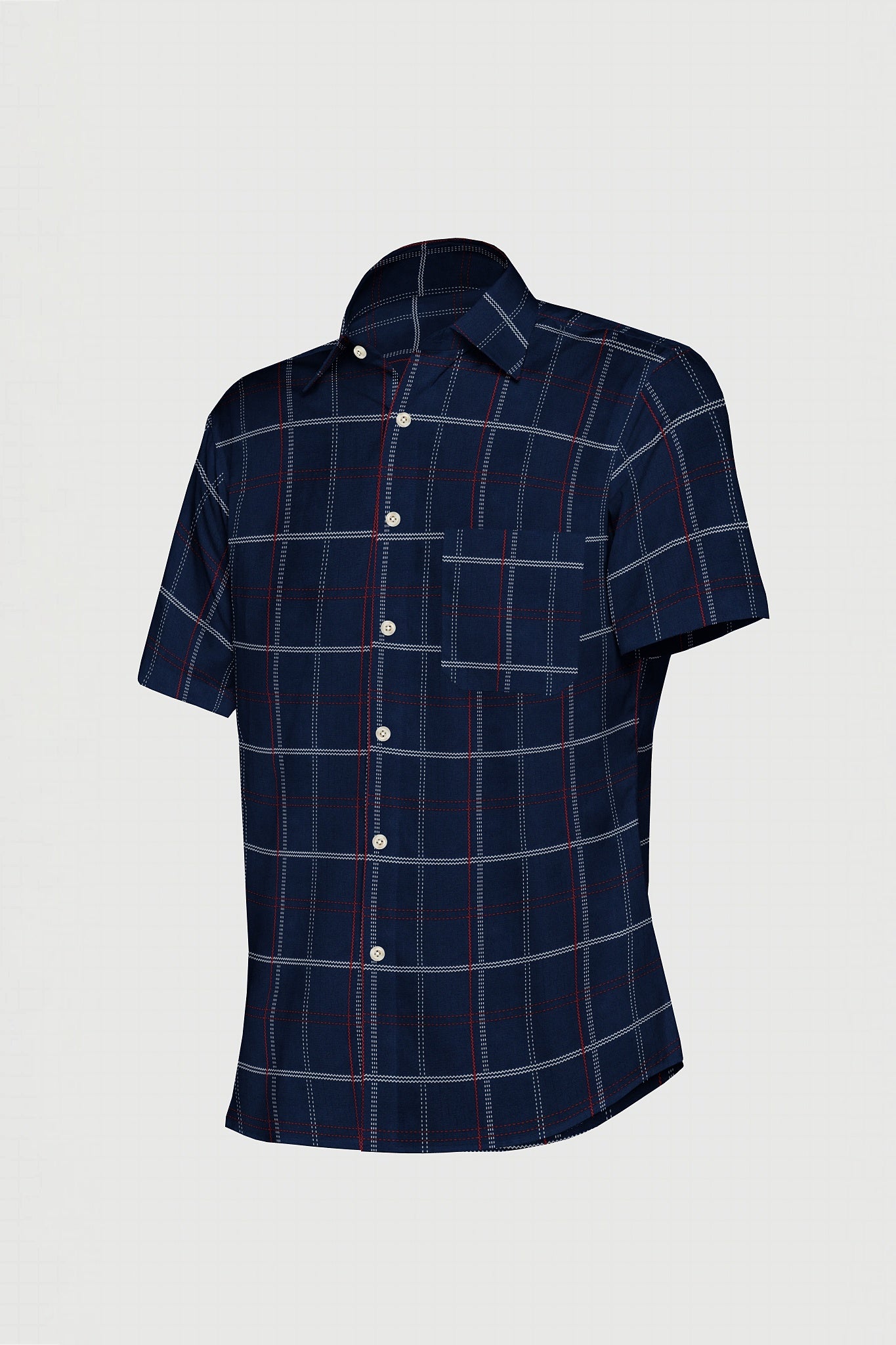 Denim Blue with Navy and Chili Red Altered Broken Checks Men's Cotton Shirt