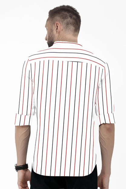 White with Scarlet Red and Navy Stripes Mandarin Collar Cotton Shirt