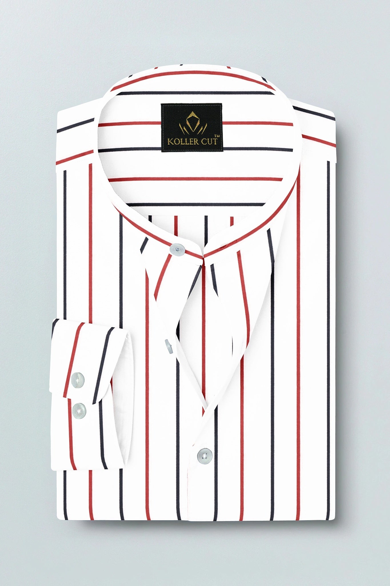 White with Scarlet Red and Navy Stripes Mandarin Collar Cotton Shirt