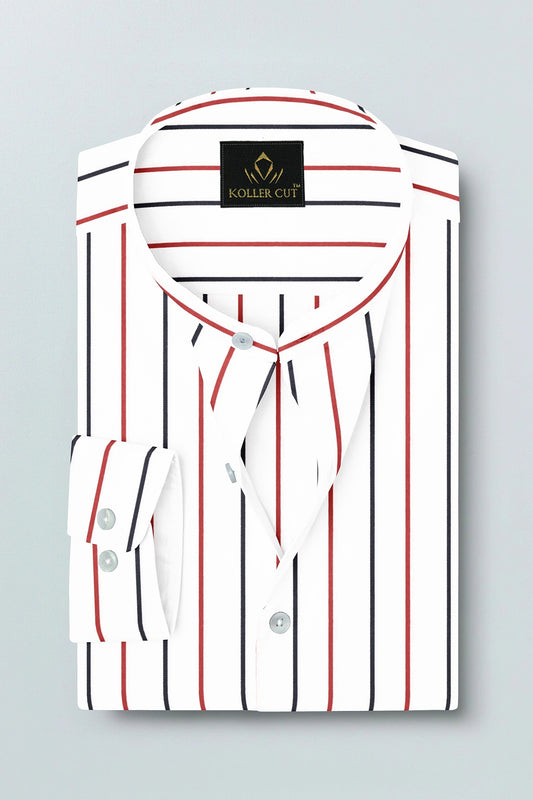 White with Scarlet Red and Navy Stripes Mandarin Collar Cotton Shirt