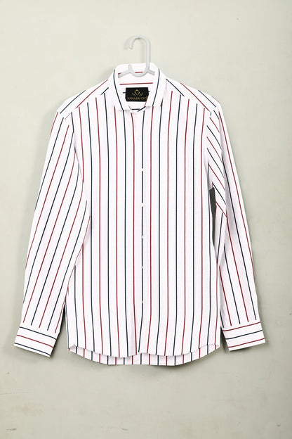 White with Scarlet Red and Navy Stripes Cotton Shirt - Stitch Custom Shirts in Delhi