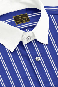 Dark Azure Blue with White Double Stripes Designer Cotton shirt