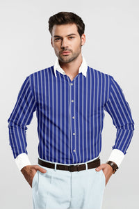 Dark Azure Blue with White Double Stripes Designer Cotton shirt