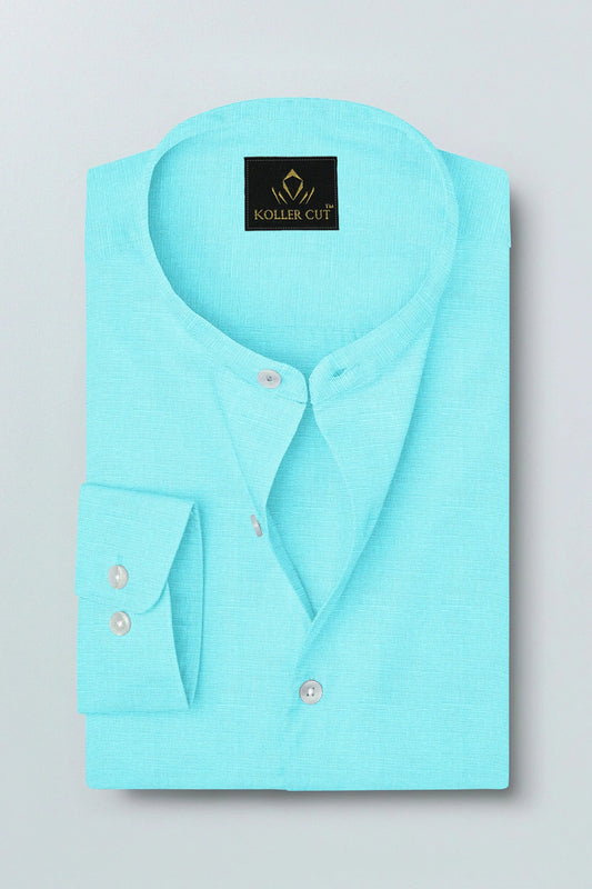 Arctic Blue Mandarin Collar Men's Luxurious Linen Shirt