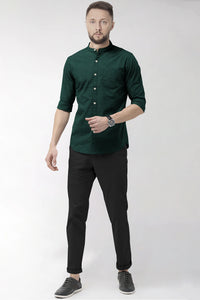Dark Forest Green Mandarin Collar Men's Luxurious Linen Shirt