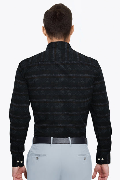 Platinum Gray with Cilantro Green and Tiramisu Brown Multicolored Jacqurd Abstract Stripes Egyptian Giza Cotton Shirt