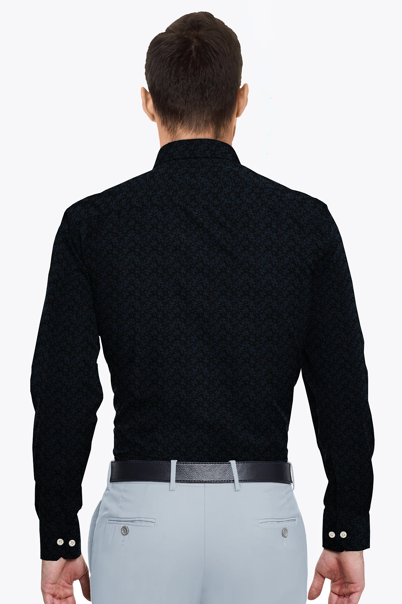 Ebony Black With Carolina Blue Flower Printed Cotton Shirt