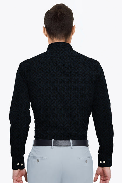 Ebony Black With Carolina Blue Flower Printed Cotton Shirt
