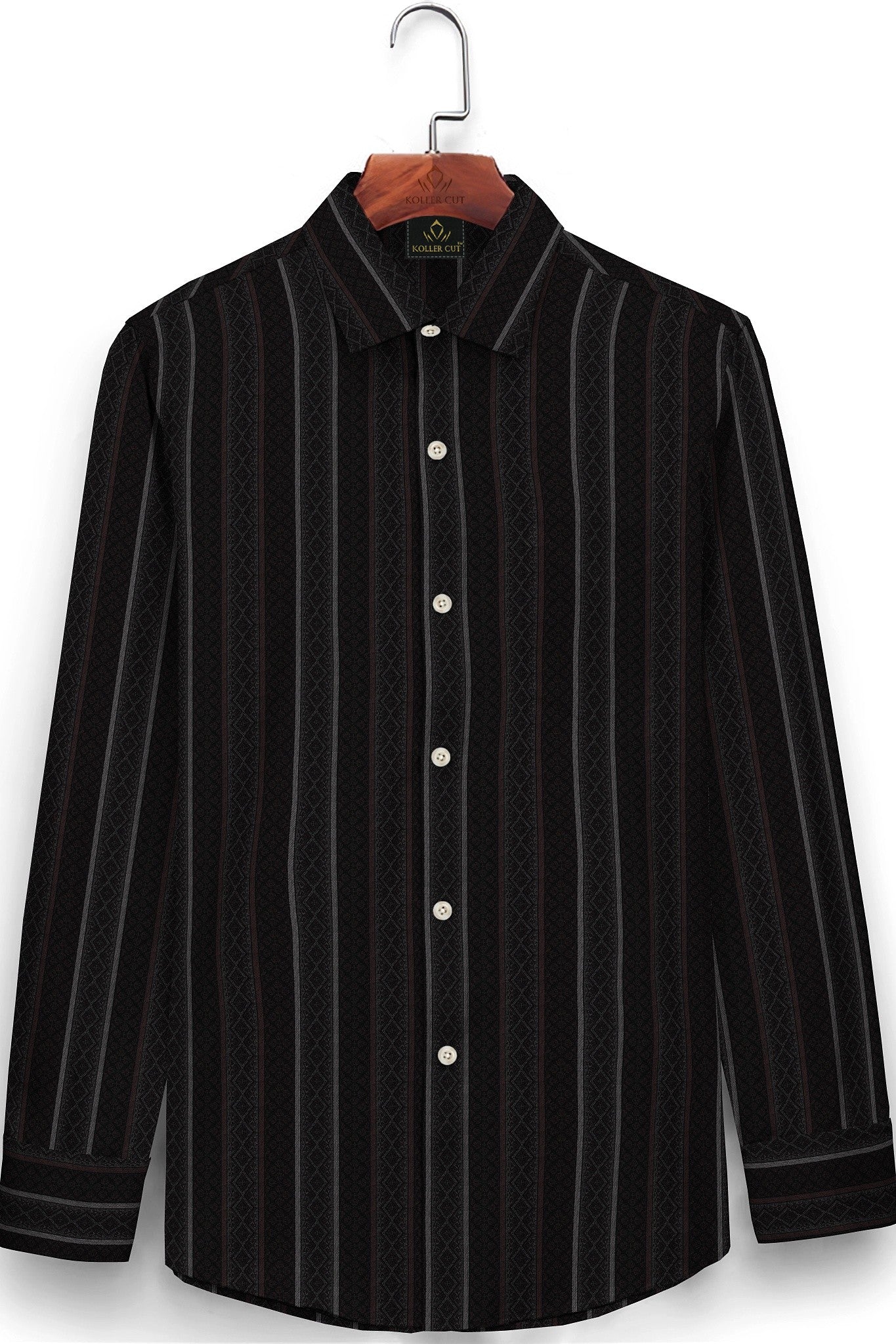 Obsidian Black with Fudgesicle Brown and White Diamond Stripe Pattern Printed Cotton Shirt