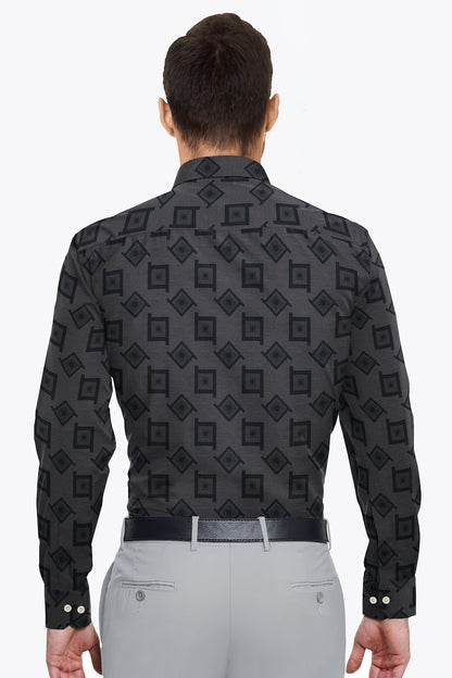 Ebony black with Lunar Gray and Jet Black Square Jacquard Print Egyptian Giza Cotton Shirt