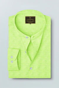 Lime Green Mandarin Collar Men's Luxurious Linen Shirt
