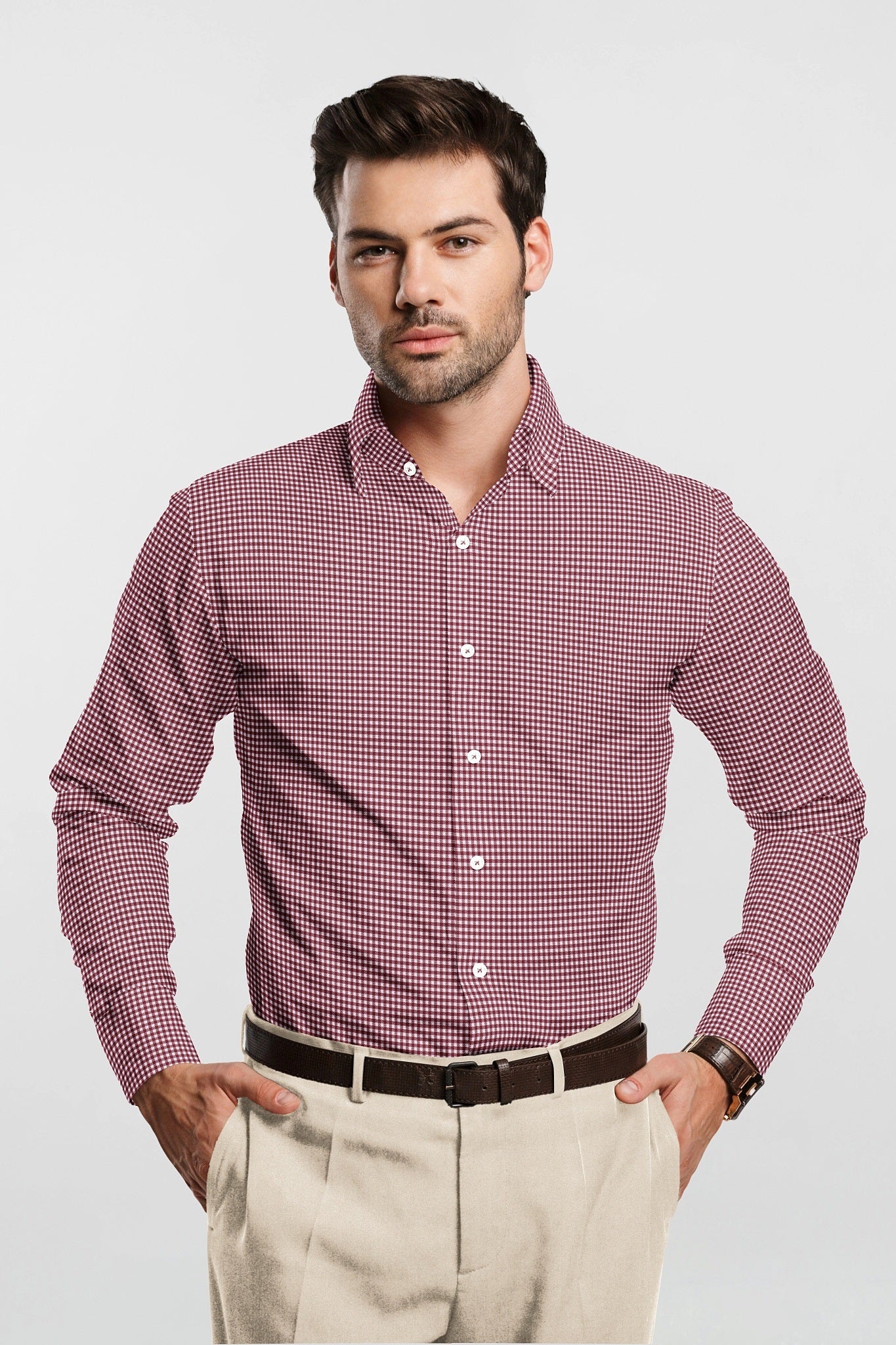 White and Maroon Gingham Checks Cotton Shirt
