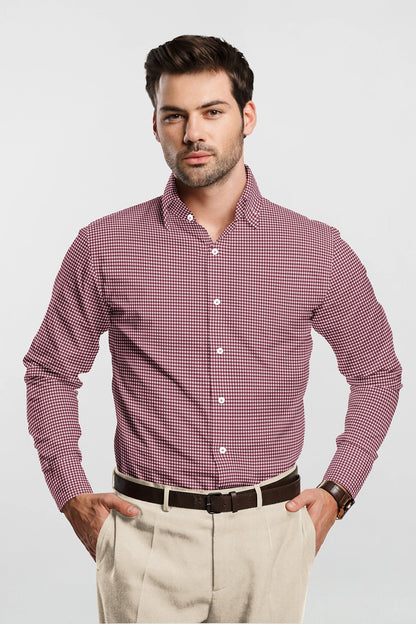 White and Maroon Gingham Checks Cotton Shirt