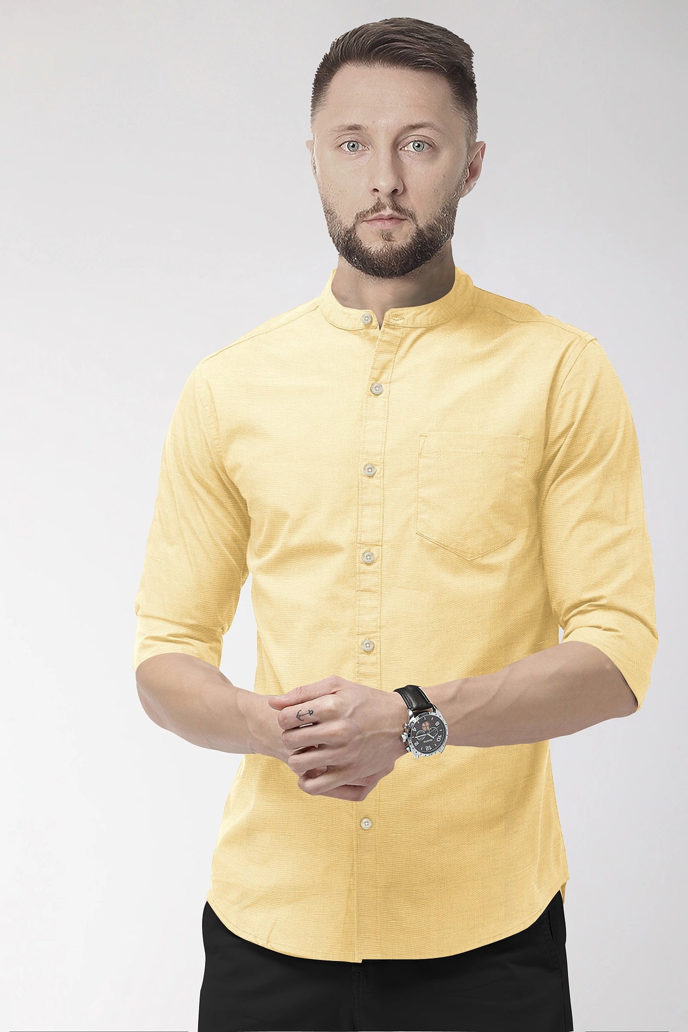 Buff Mandarin Collar Luxurious Linen Shirt
