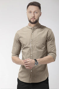 Tortilla Brown and White Mandarin Collar Pinstripes Men's Cotton Shirt