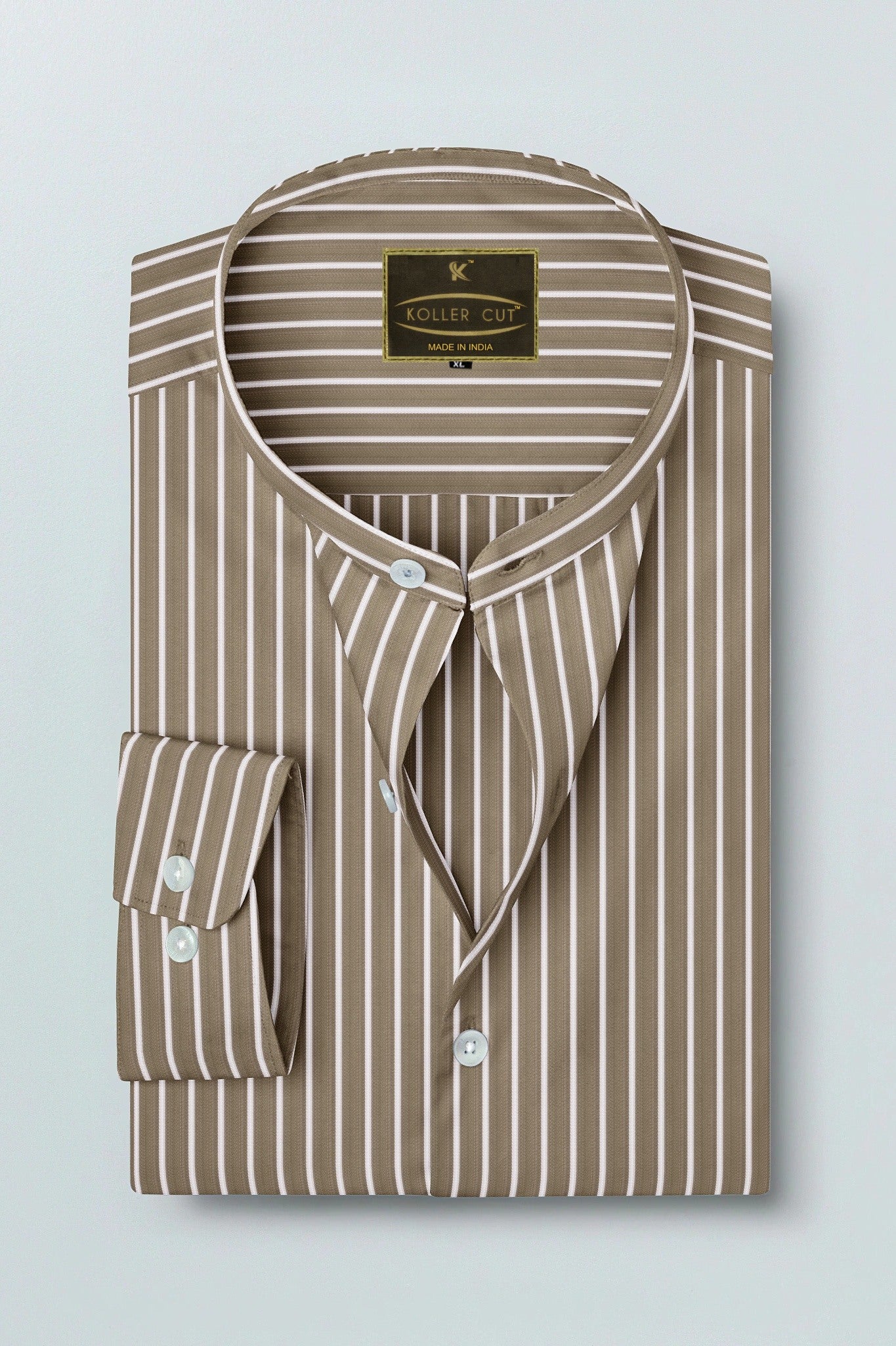Tortilla Brown and White Mandarin Collar Pinstripes Men's Cotton Shirt
