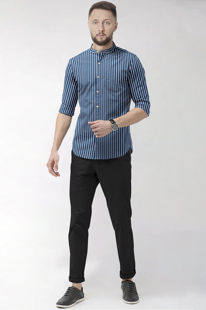 Space Blue and White Mandarin Collar Pinstripes Men's Cotton Shirt