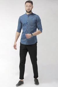 Space Blue and White Mandarin Collar Pinstripes Men's Cotton Shirt
