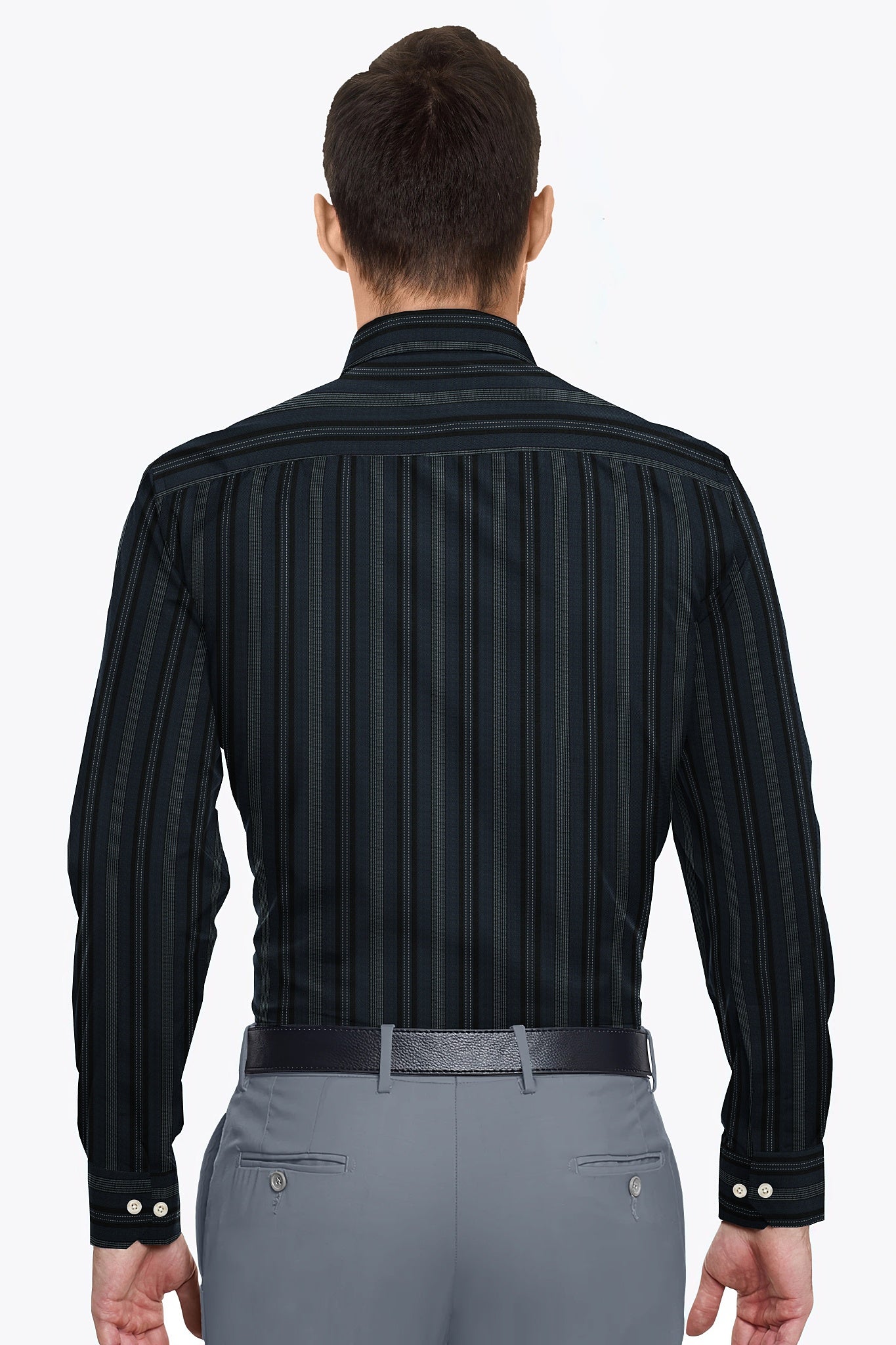 Jet Black With Cobalt Blue and White Broken Thread Stripes Cotton Shirt