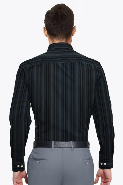 Jet Black With Cobalt Blue and White Broken Thread Stripes Cotton Shirt