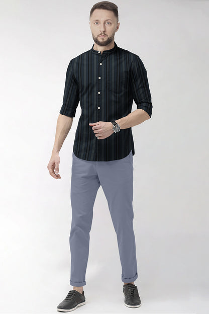 Jet Black With Cobalt Blue and White Broken Thread Stripes Mandarin Collar Cotton Shirt