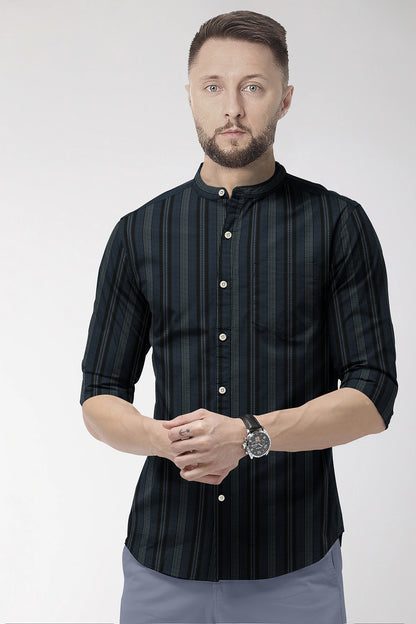 Jet Black With Cobalt Blue and White Broken Thread Stripes Mandarin Collar Cotton Shirt