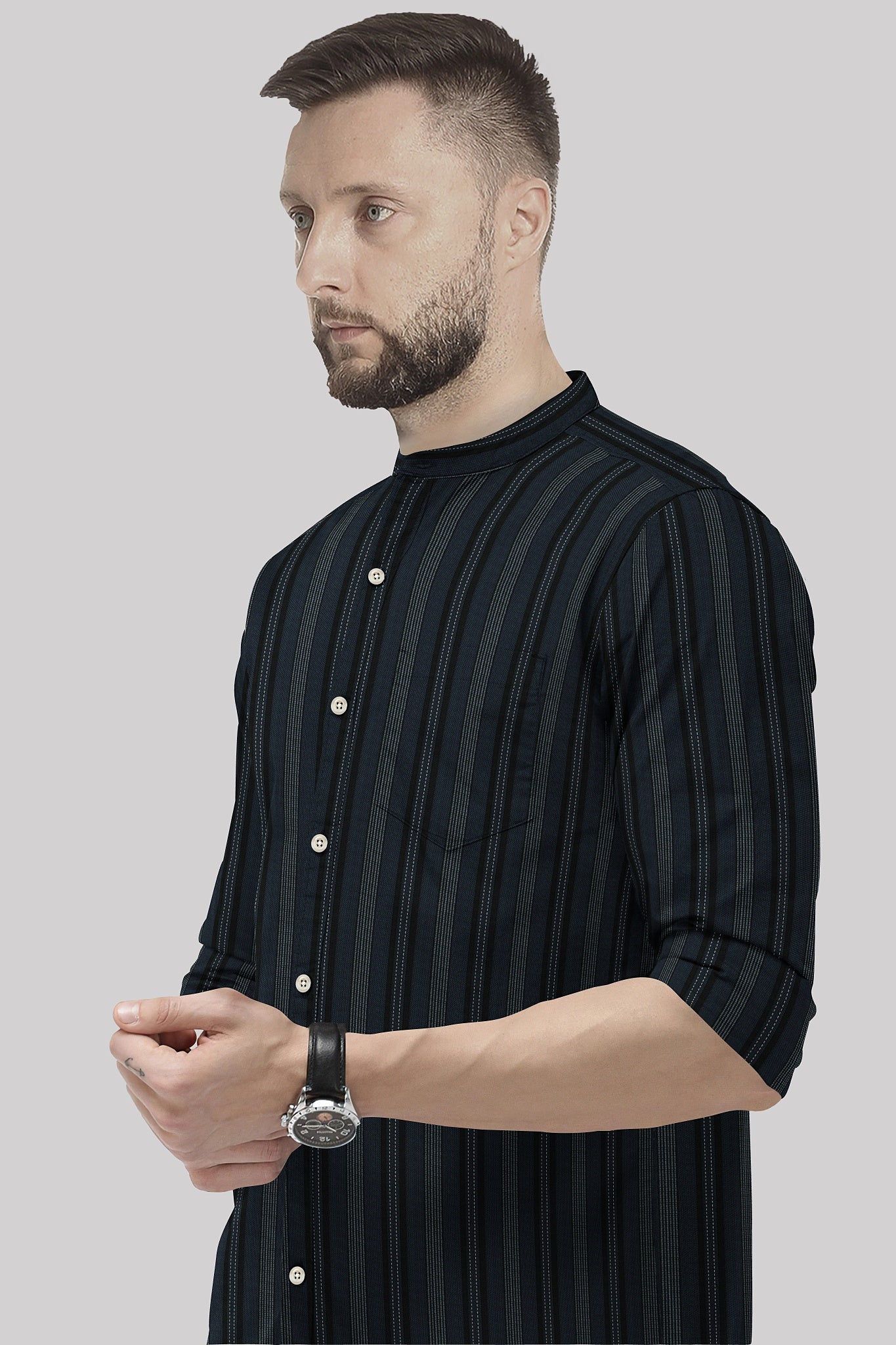 Jet Black With Cobalt Blue and White Broken Thread Stripes Mandarin Collar Cotton Shirt