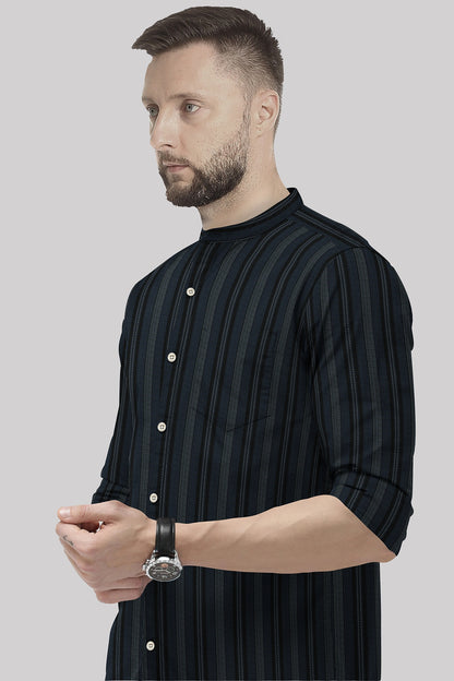 Jet Black With Cobalt Blue and White Broken Thread Stripes Mandarin Collar Cotton Shirt