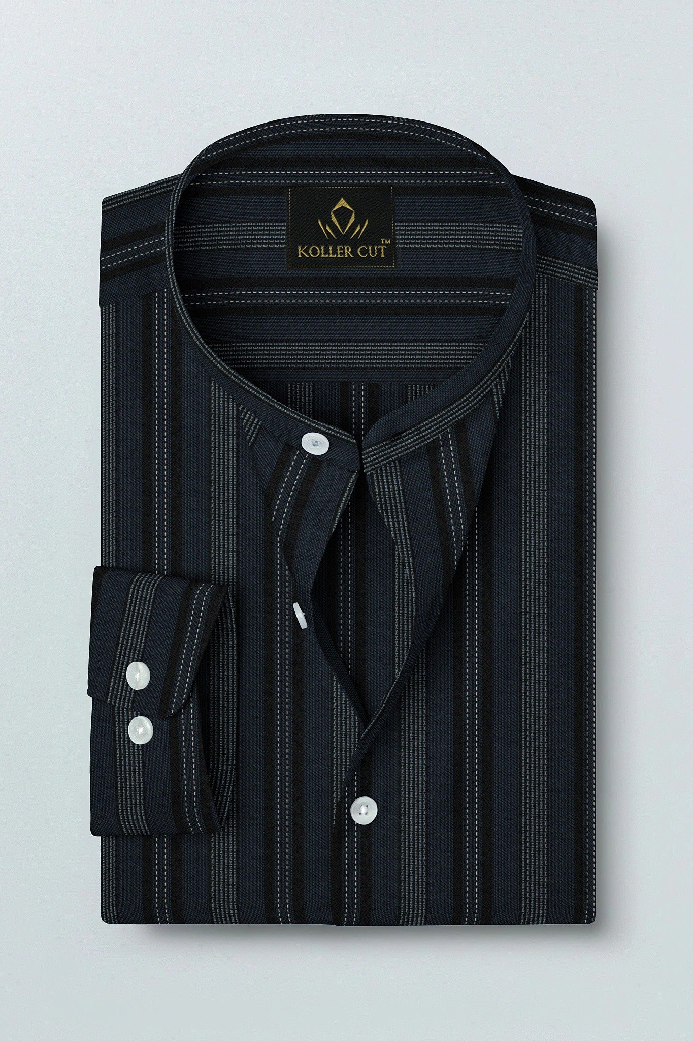 Jet Black With Cobalt Blue and White Broken Thread Stripes Mandarin Collar Cotton Shirt