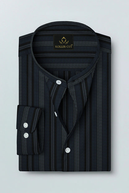 Jet Black With Cobalt Blue and White Broken Thread Stripes Mandarin Collar Cotton Shirt