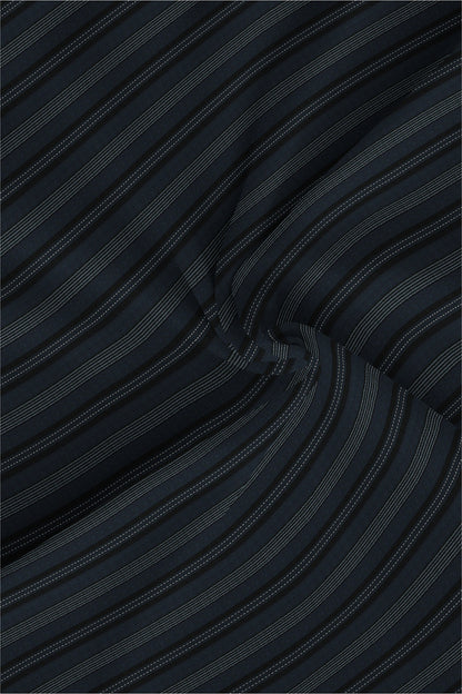 Jet Black With Cobalt Blue and White Broken Thread Stripes Mandarin Collar Cotton Shirt